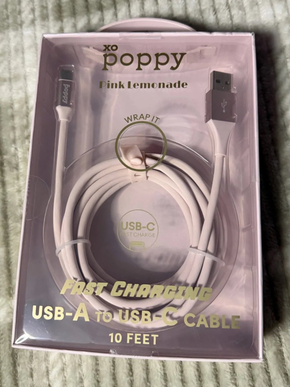 Poppy Pink Lemonade USB-A to USB-C Fast Charge Cable - 10ft